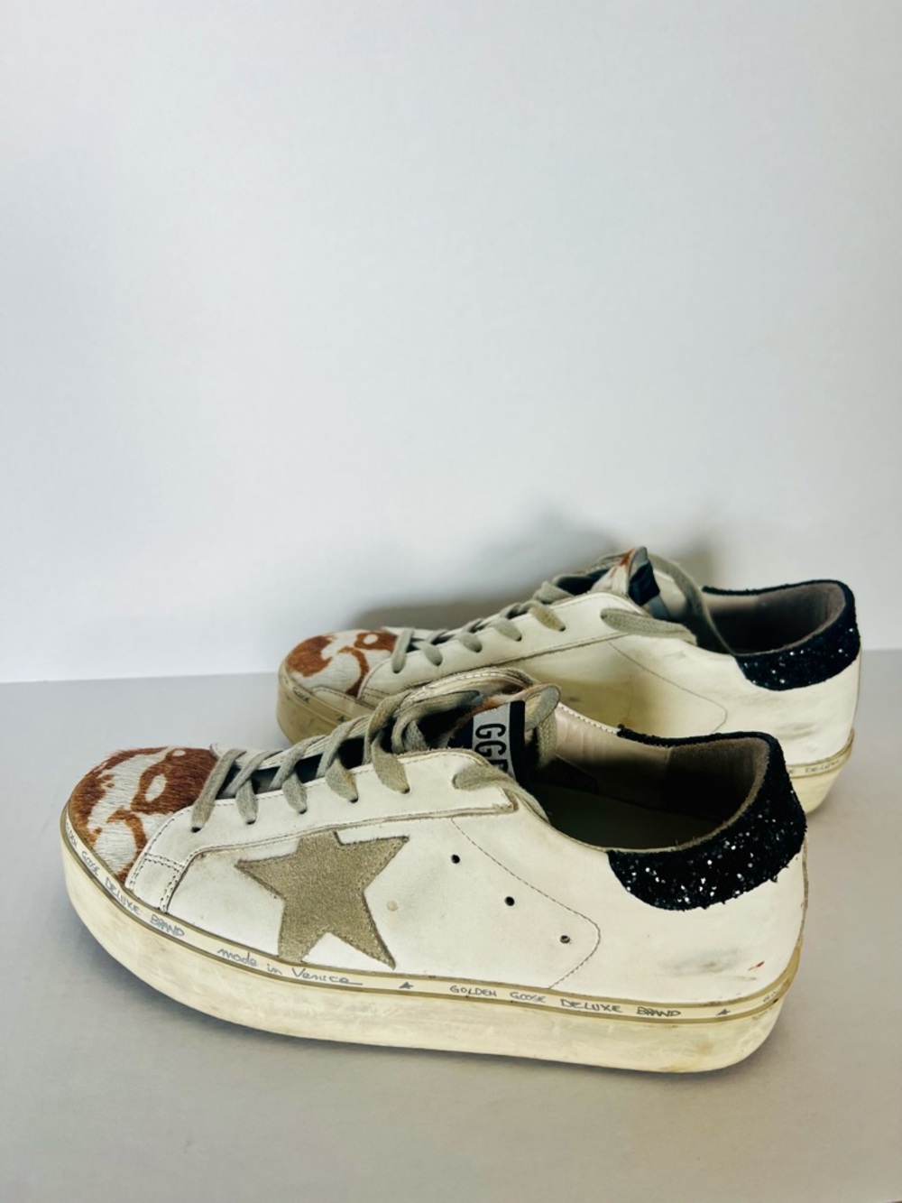 Golden Goose White Leopard Print Star Sneakers with Black Glitter Heel